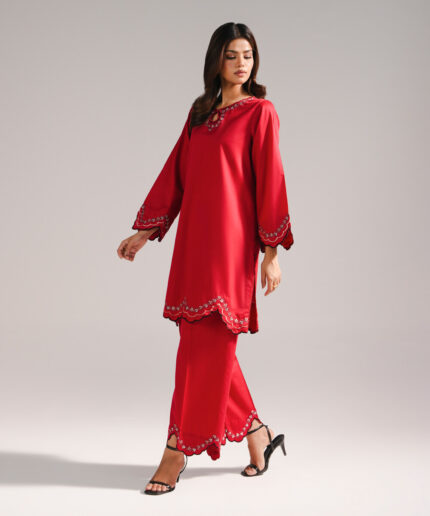 Red Cotton Satin Straight Suit - View 2