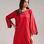 Red Cotton Satin Straight Suit - View 1