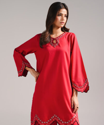 Red Cotton Satin Straight Suit - View 1