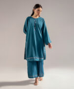 Teal Cotton Satin Straight Suit - View 3