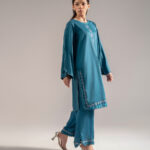 Teal Cotton Satin Straight Suit - View 1