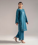 Teal Cotton Satin Straight Suit - View 1