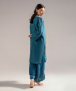 Teal Cotton Satin Straight Suit - View 2
