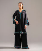 Black Cotton Satin Straight Shirt Suit - View 4