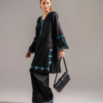 Black Cotton Satin Straight Shirt Suit - View 1