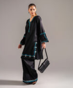 Black Cotton Satin Straight Shirt Suit - View 1