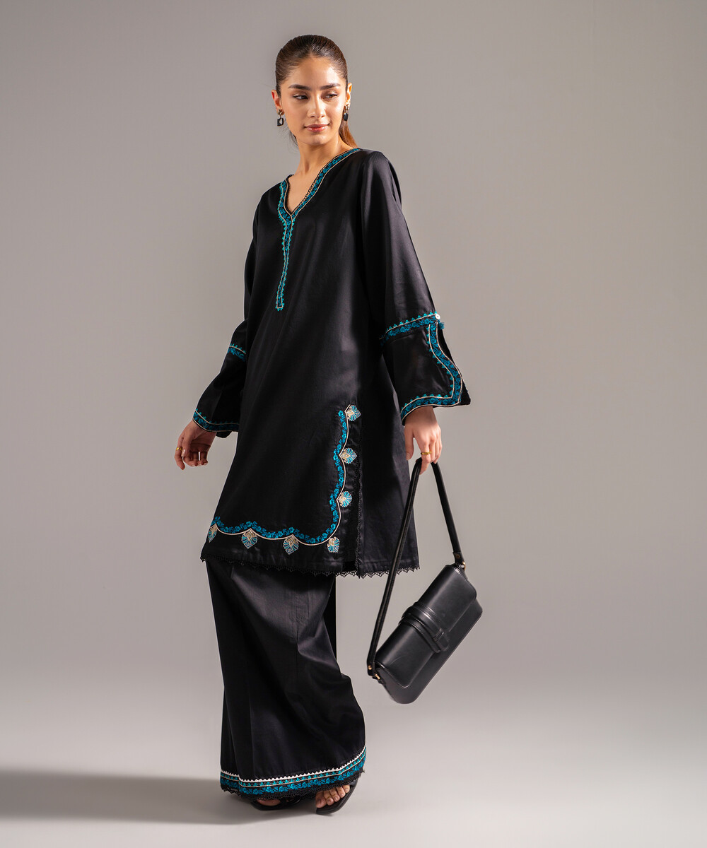 Black Cotton Satin Straight Shirt Suit - View 1 Black Cotton Satin Straight Shirt Suit - View 1