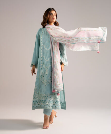 Blue Self Jacquard A-Line Suit - View 2