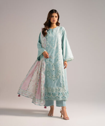 Blue Self Jacquard A-Line Suit - View 1