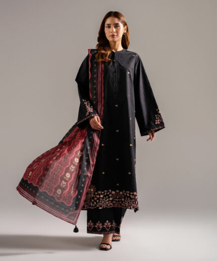 Black Self Jacquard A-Line Suit - View 1
