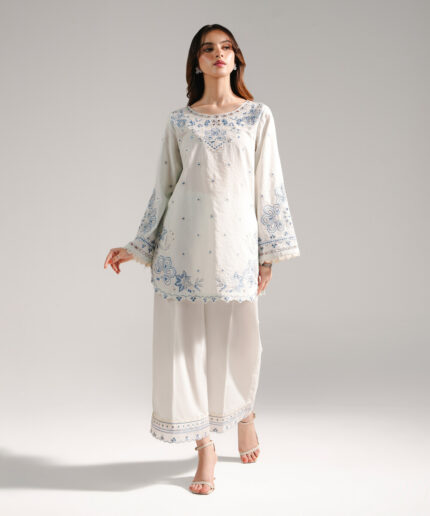 Light Blue Textured Cotton Straight Suit - View 2