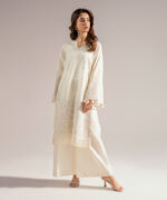 Off White Textured Cotton A-Line Suit - View 3