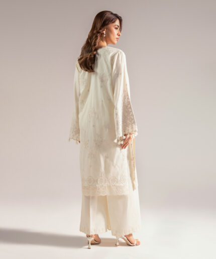 Off White Textured Cotton A-Line Suit - View 2