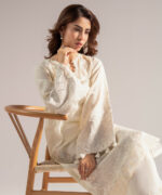 Off White Textured Cotton A-Line Suit - View 1