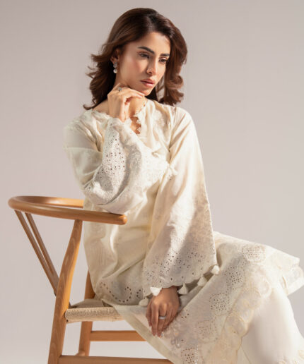 Off White Textured Cotton A-Line Suit - View 1
