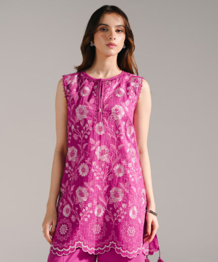 Dark Pink Textured Cotton Straight Suit - View 1