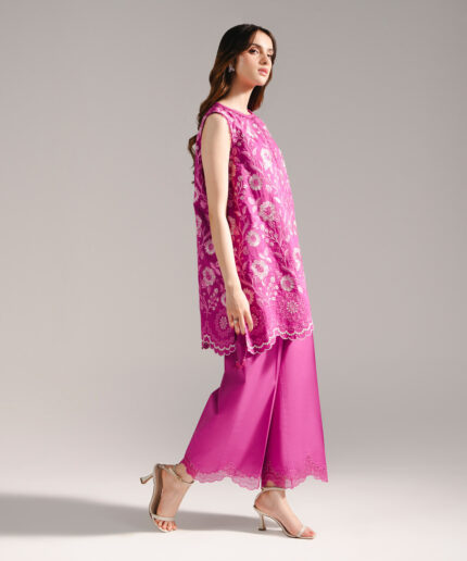 Dark Pink Textured Cotton Straight Suit - View 2