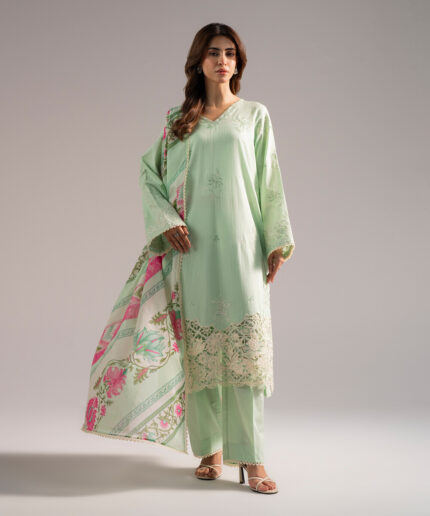 Green Textured Cotton A-Line Suit - View 2