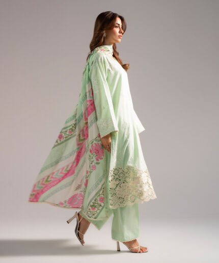 Green Textured Cotton A-Line Suit - View 1