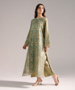 Olive Green Textured Cotton A-Line Suit - View 4