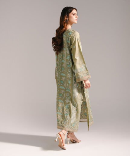 Olive Green Textured Cotton A-Line Suit - View 2
