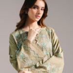 Olive Green Textured Cotton A-Line Suit - View 1