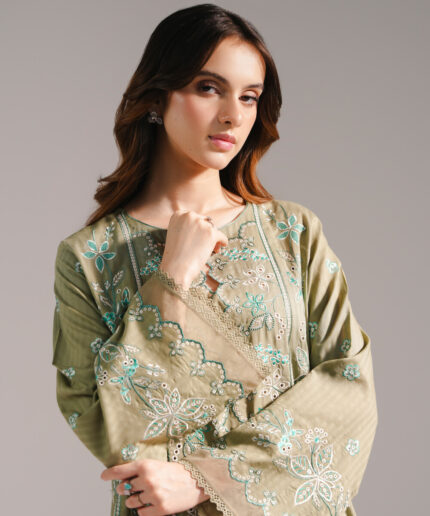 Olive Green Textured Cotton A-Line Suit - View 1
