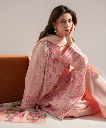 Pink Textured Cotton A-Line Suit - View 2