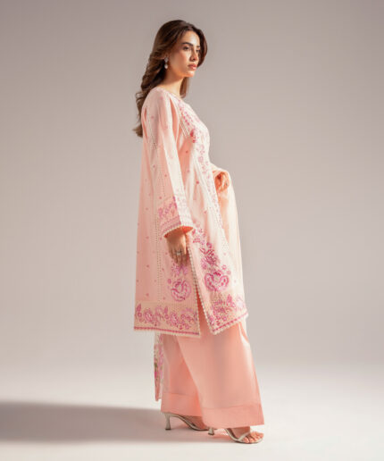 Pink Textured Cotton A-Line Suit - View 1
