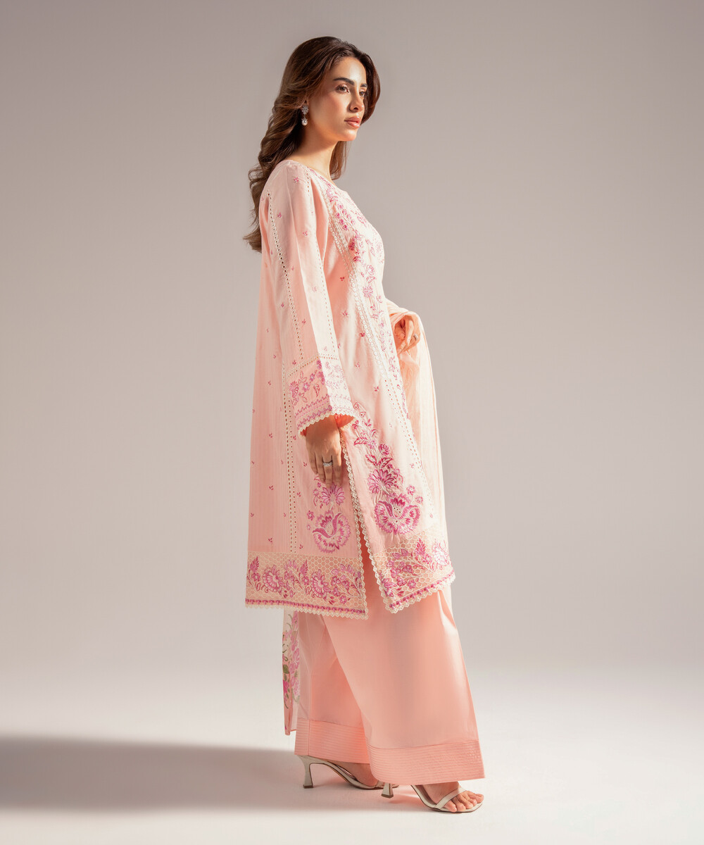 Pink Textured Cotton A-Line Suit - View 1 Pink Textured Cotton A-Line Suit - View 1