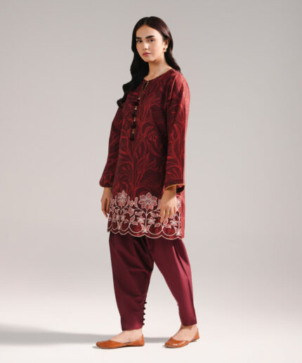 Deep Maroon Slub Lawn Straight Suit - View 2