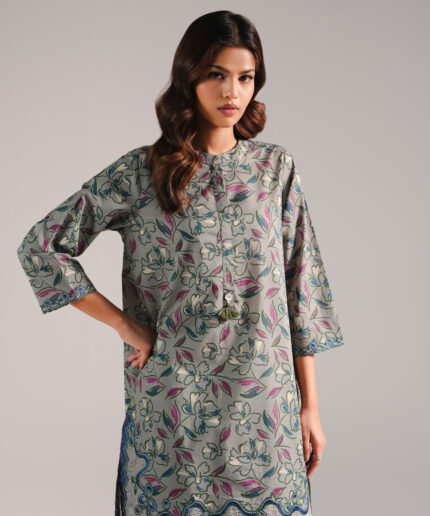 Grey Slub Lawn Straight Shirt Suit - View 1