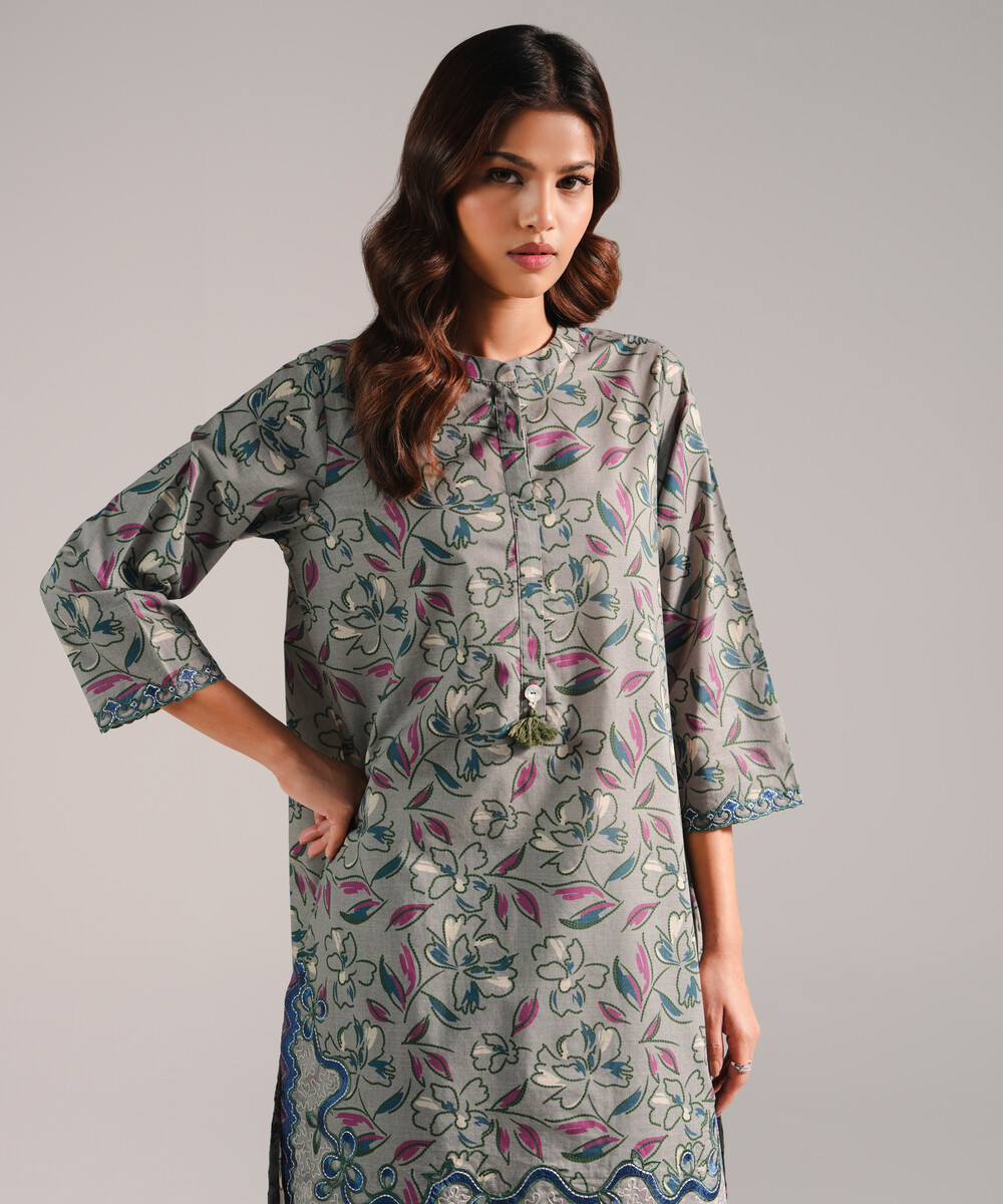 Grey Slub Lawn Straight Shirt Suit - View 1 Grey Slub Lawn Straight Shirt Suit - View 1
