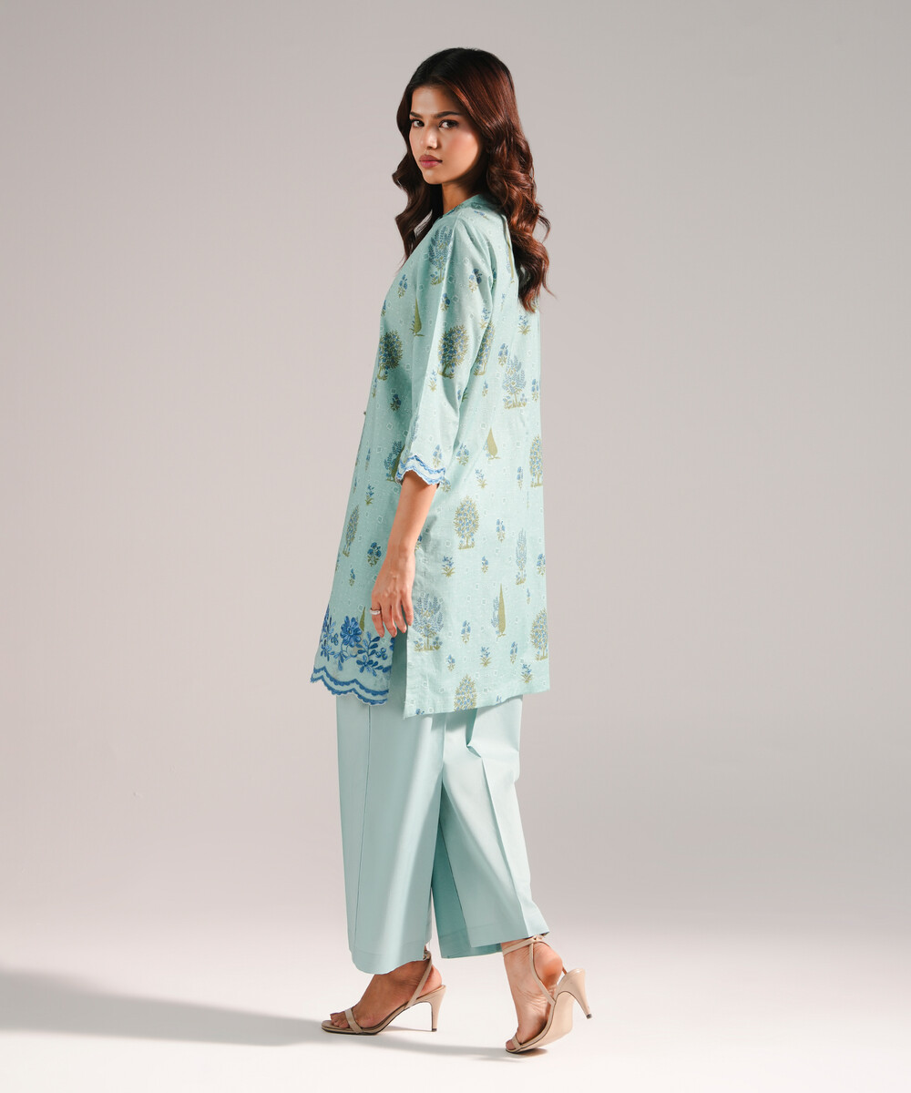 Blue Slub Lawn Straight Shirt Suit - View 1 Blue Slub Lawn Straight Shirt Suit - View 1