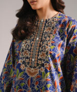 Dark Blue Textured Cotton Straight Suit - View 5