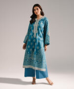 Blue Textured Cotton Straight Suit - View 3