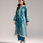 Blue Textured Cotton Straight Suit - View 1