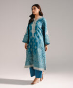 Blue Textured Cotton Straight Suit - View 1