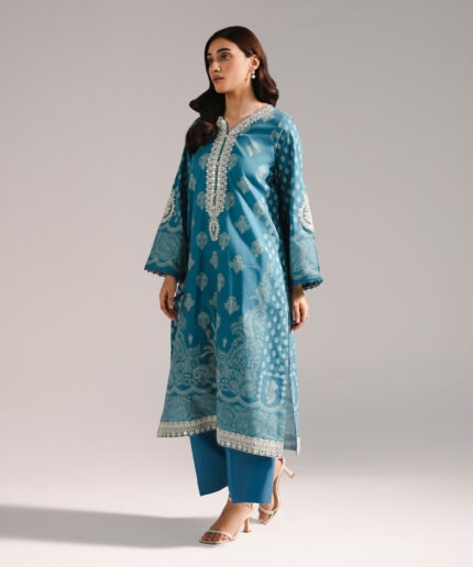 Blue Textured Cotton Straight Suit - View 1