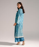 Blue Textured Cotton Straight Suit - View 2