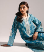 Blue Textured Cotton Straight Suit - View 4