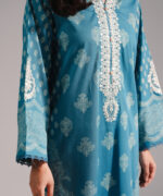 Blue Textured Cotton Straight Suit - View 5