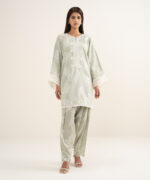 Mint Green Zari Jacquard Drop Shoulder Suit - View 3