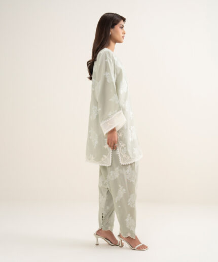 Mint Green Zari Jacquard Drop Shoulder Suit - View 1