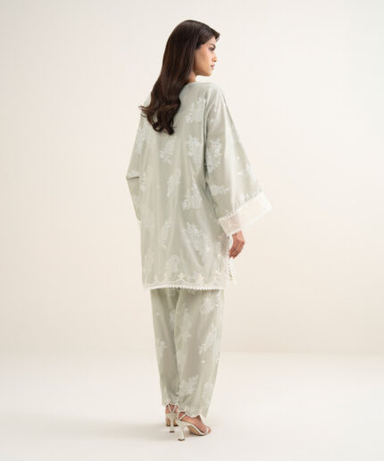 Mint Green Zari Jacquard Drop Shoulder Suit - View 2