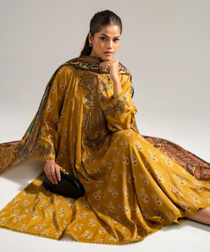 Mustard Brown Arabic Dobby Kalidar Suit - View 1