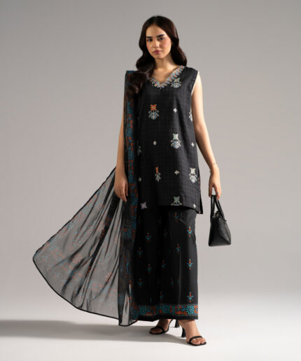 Black Dobby Straight Suit - View 1