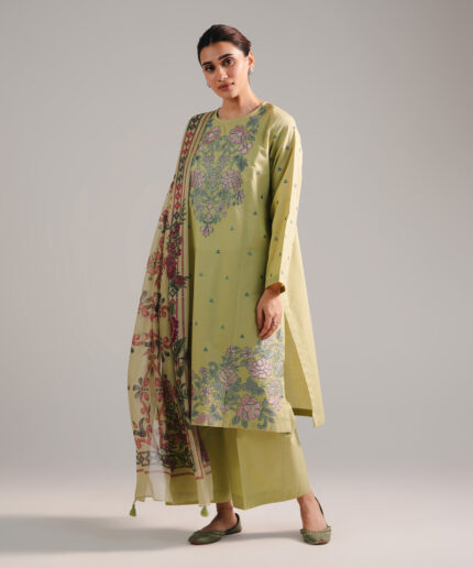 Green Zari Lawn A-Line Suit - View 2