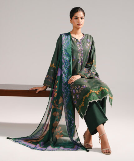 Dark Green Zari Lawn Straight Suit - View 1