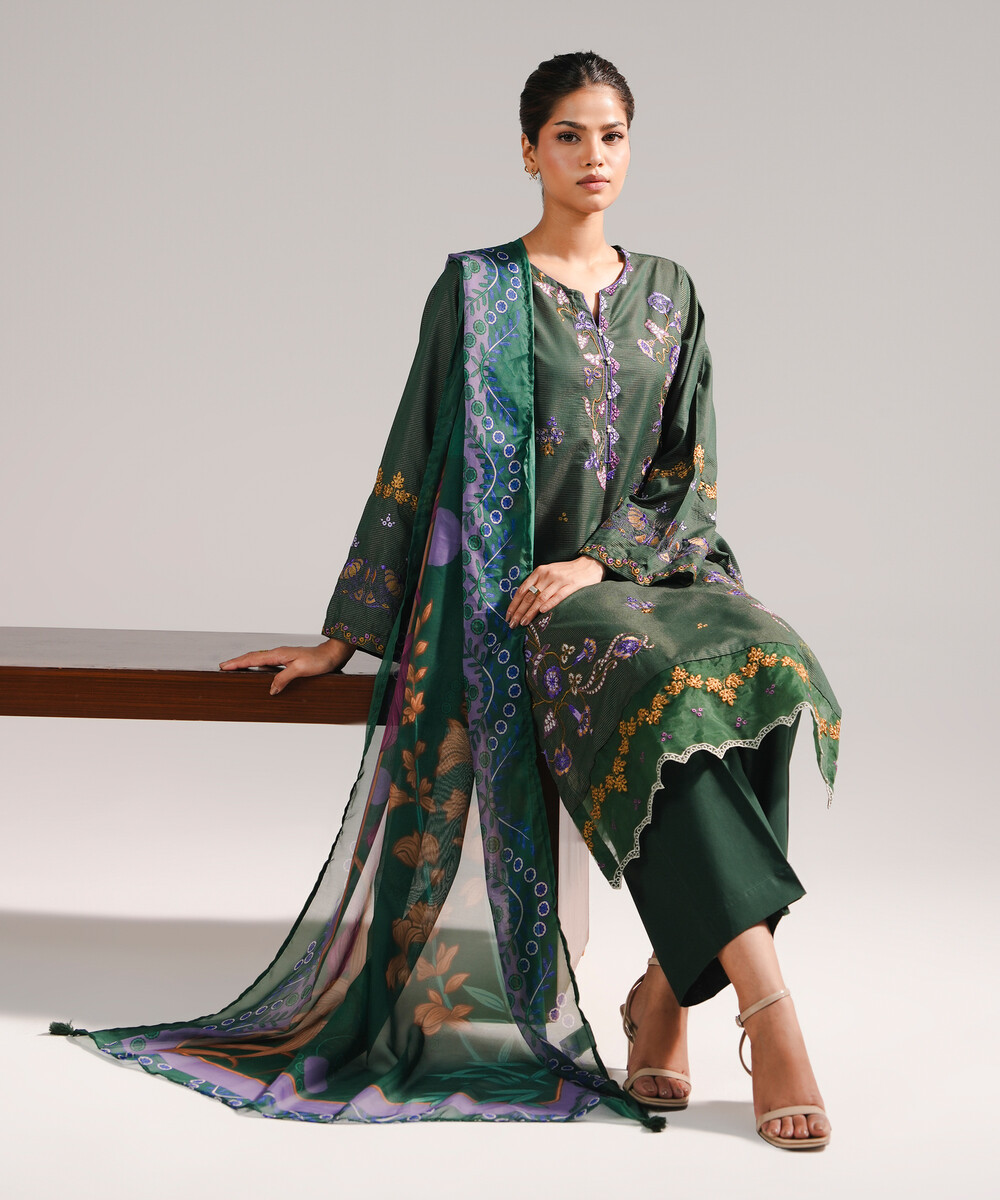 Dark Green Zari Lawn Straight Suit - View 1 Dark Green Zari Lawn Straight Suit - View 1